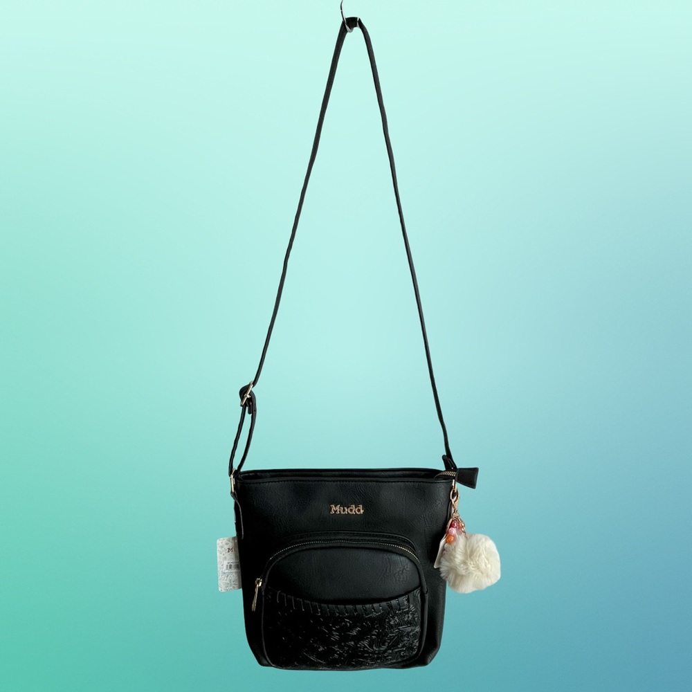Mudd Black Zip Closure Embossed Crossbody Shoulder Bag Pom Pom Charm Keychain - Picture 3 of 13